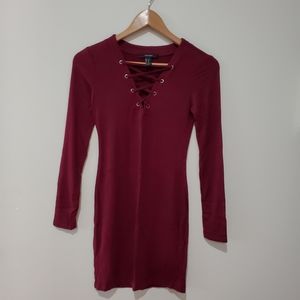 BNWOT Forever21 dark red ribbed criss cross lace up metal eyelet dress XS